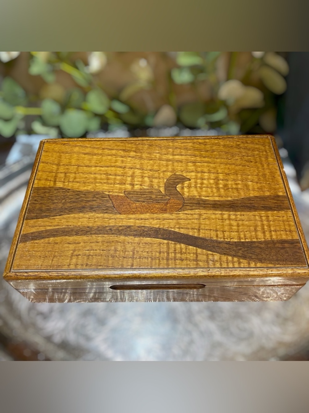 Vintage Wood Inlay Duck Goose Jewelry Box Trinket Holder Decor